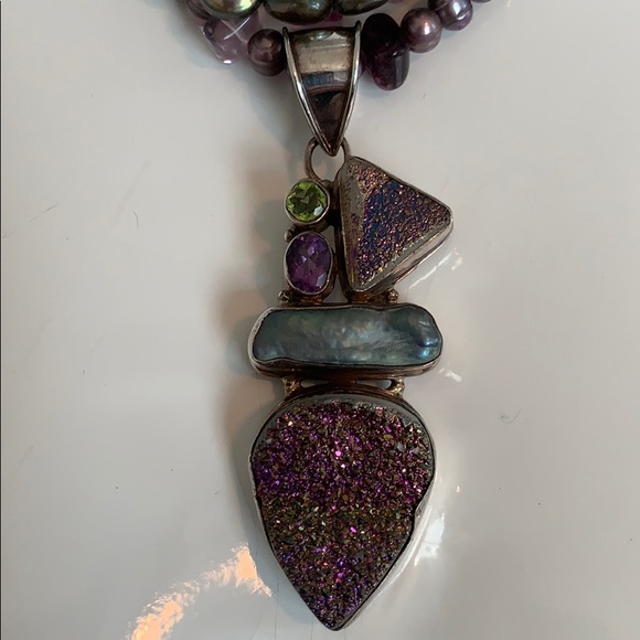 Druzy Quartz, FW Pearl & Fluorite Necklace 925 SS - Picture 2 of 5